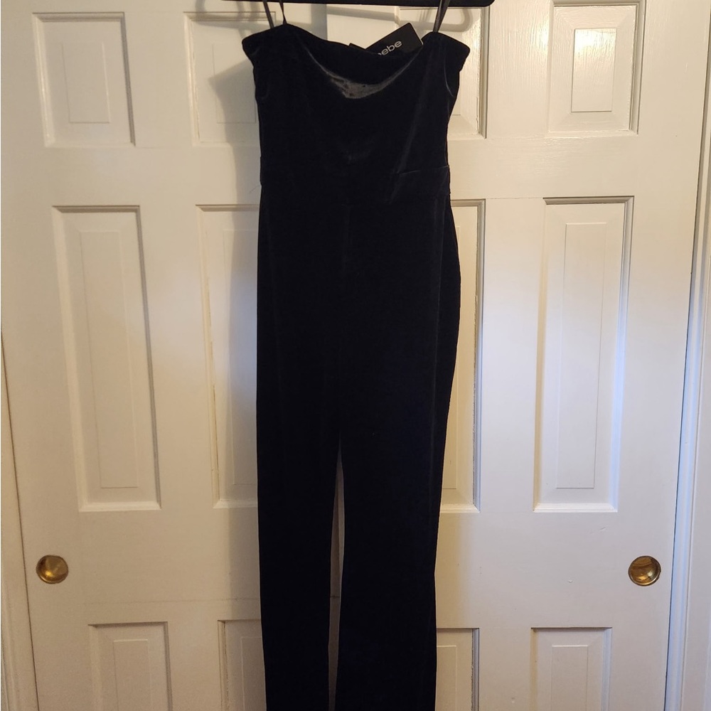 bebe Black Velvet Strapless Straight-Leg Jumpsuit